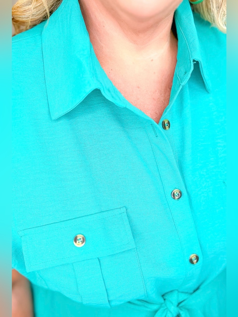 A.U.W women’s size small mint green blouse with gold button accent, tie front